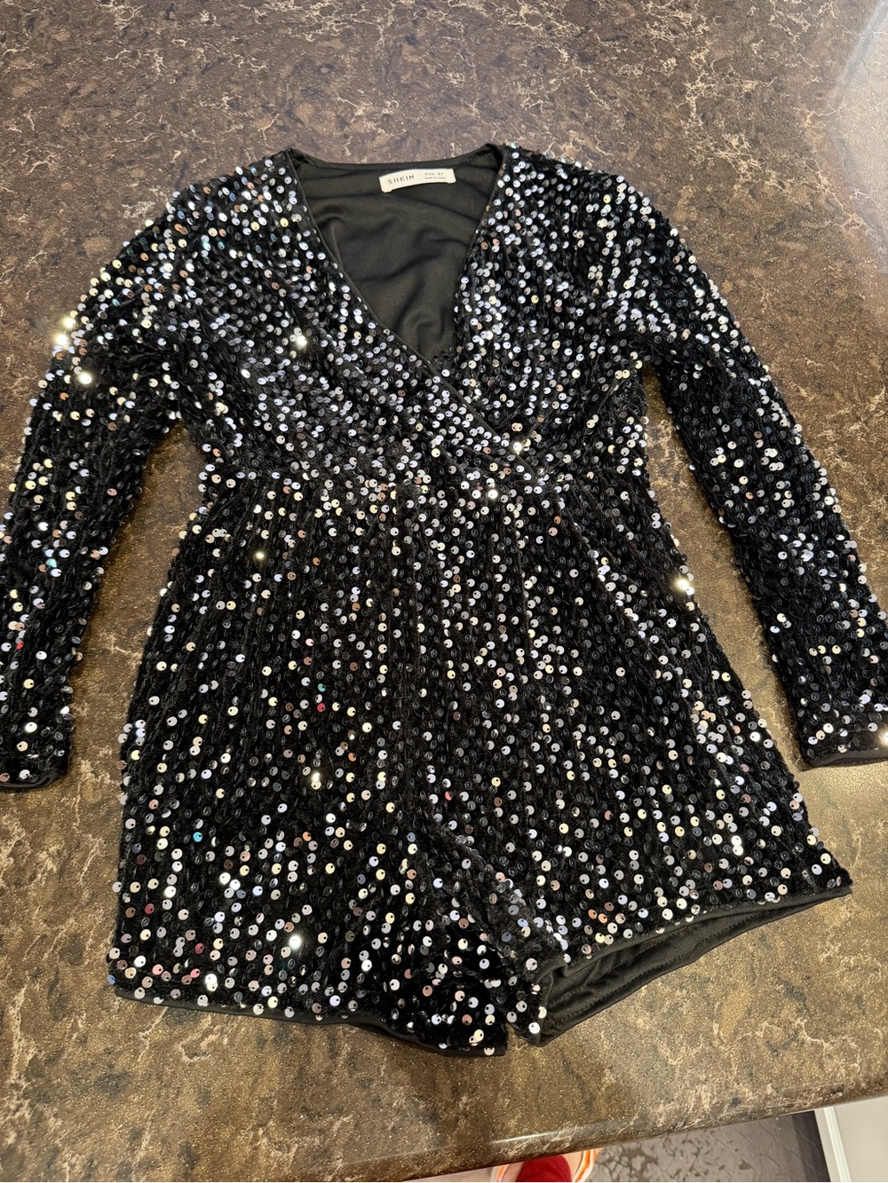 SHEIN Black Sequin Long Sleeve Romper